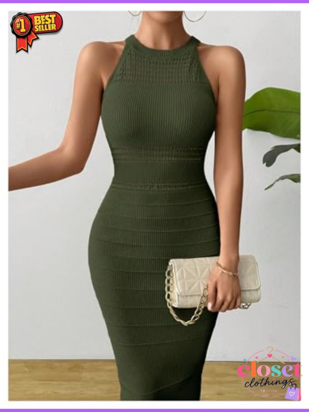 Sleeveless Knit Sweater Dress Halter Neck Bodycon Midi Wedding Guest - Picture 2 of 5